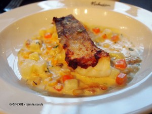 Pan fried trout and chowder at Malmaison in Aberdeen